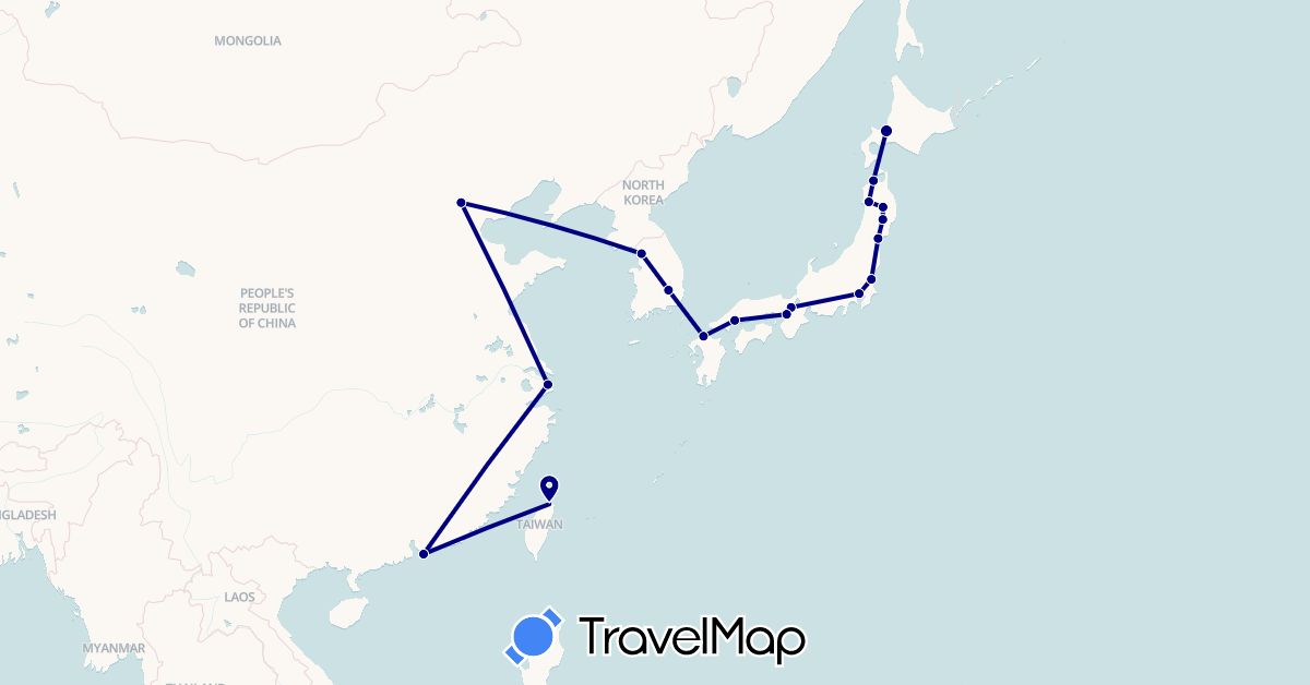 TravelMap itinerary: driving in China, Japan, South Korea, Taiwan (Asia)